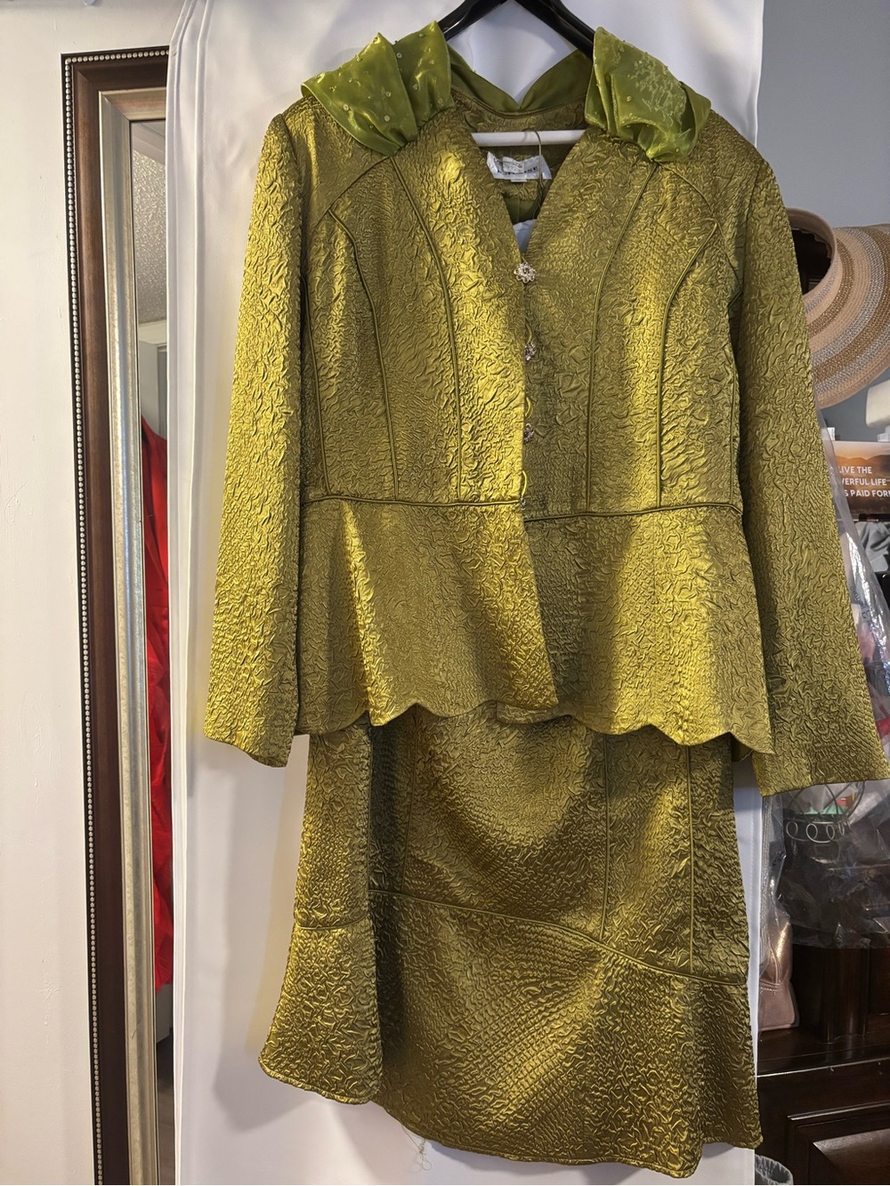 Promise Olive Green Textured Two-Piece Skirt Suit
